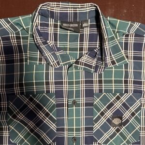 Harley-Davidson Mens Large Green Plaid Short Sleeve‎ Button Up Shirt Logo Patch
